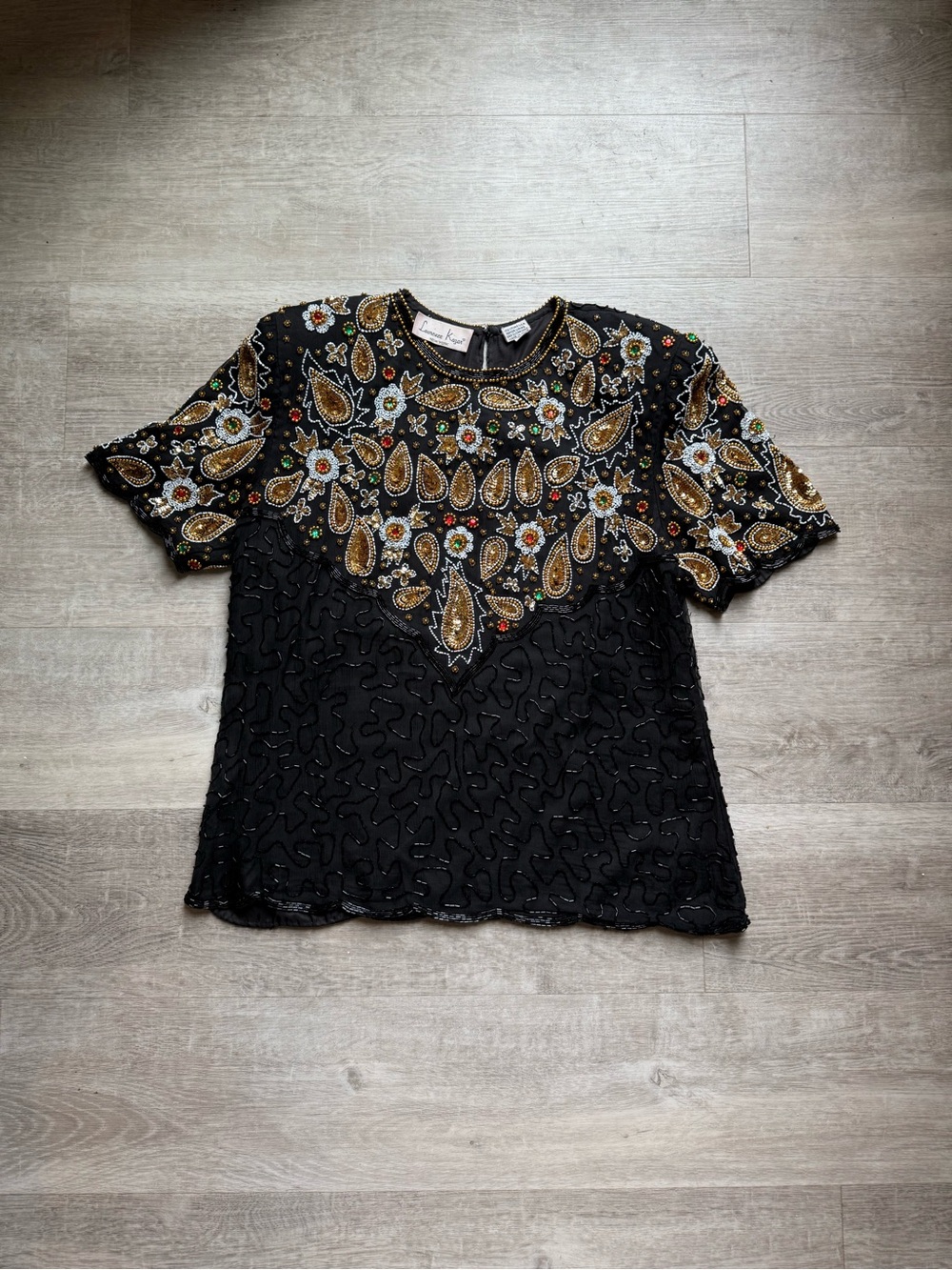 Vintage Laurence Kazar Silk Beaded Short Sleeves Blouse Size L Black Background